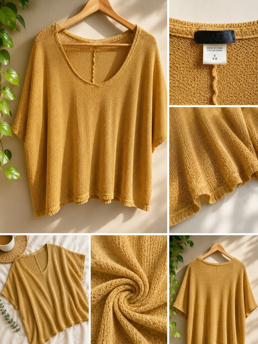 Mustard Knit V-Neck Short Sleeve Sweater